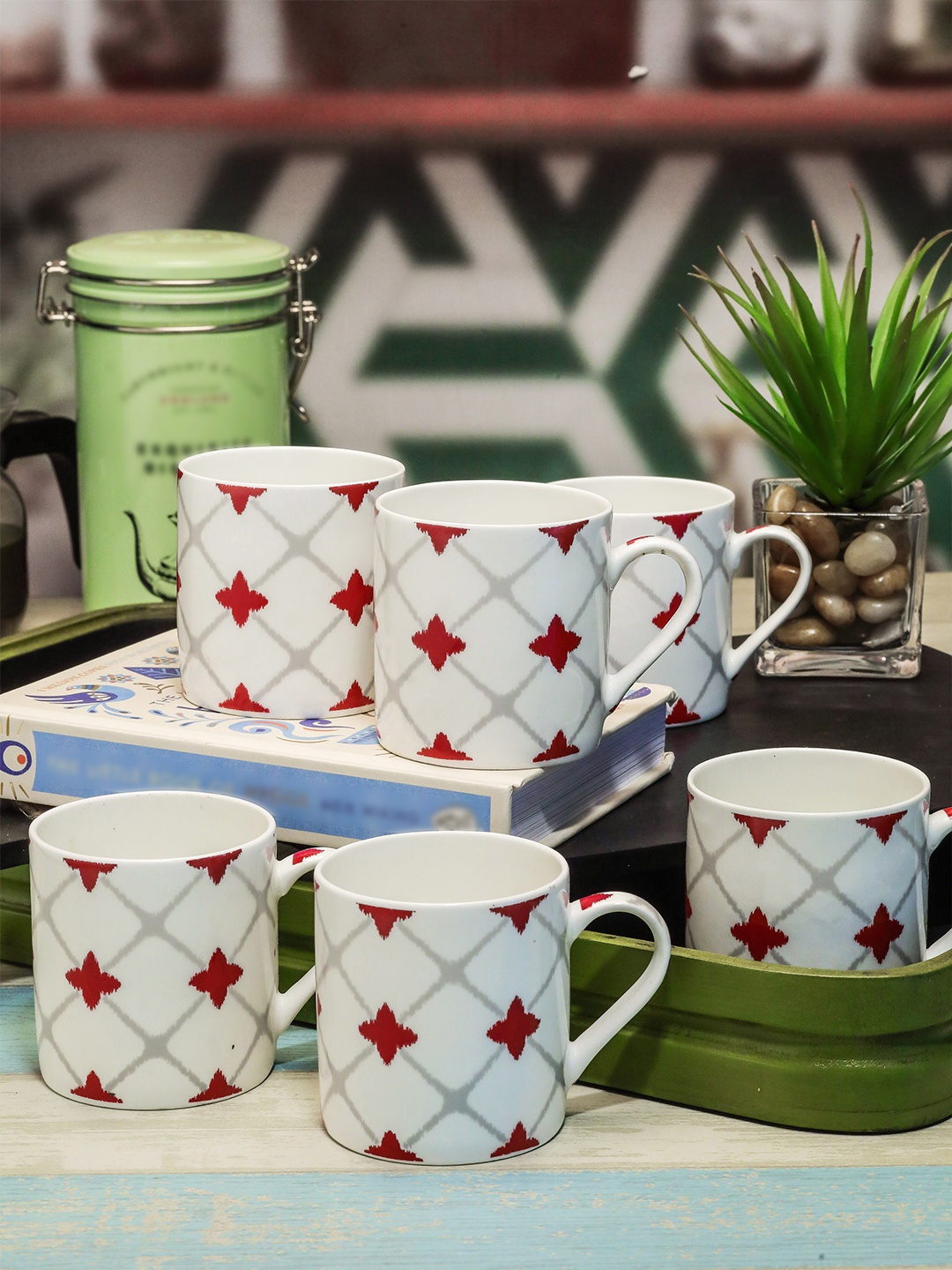 

GOODHOMES Set of 6 White & Red Printed Bone China Mugs