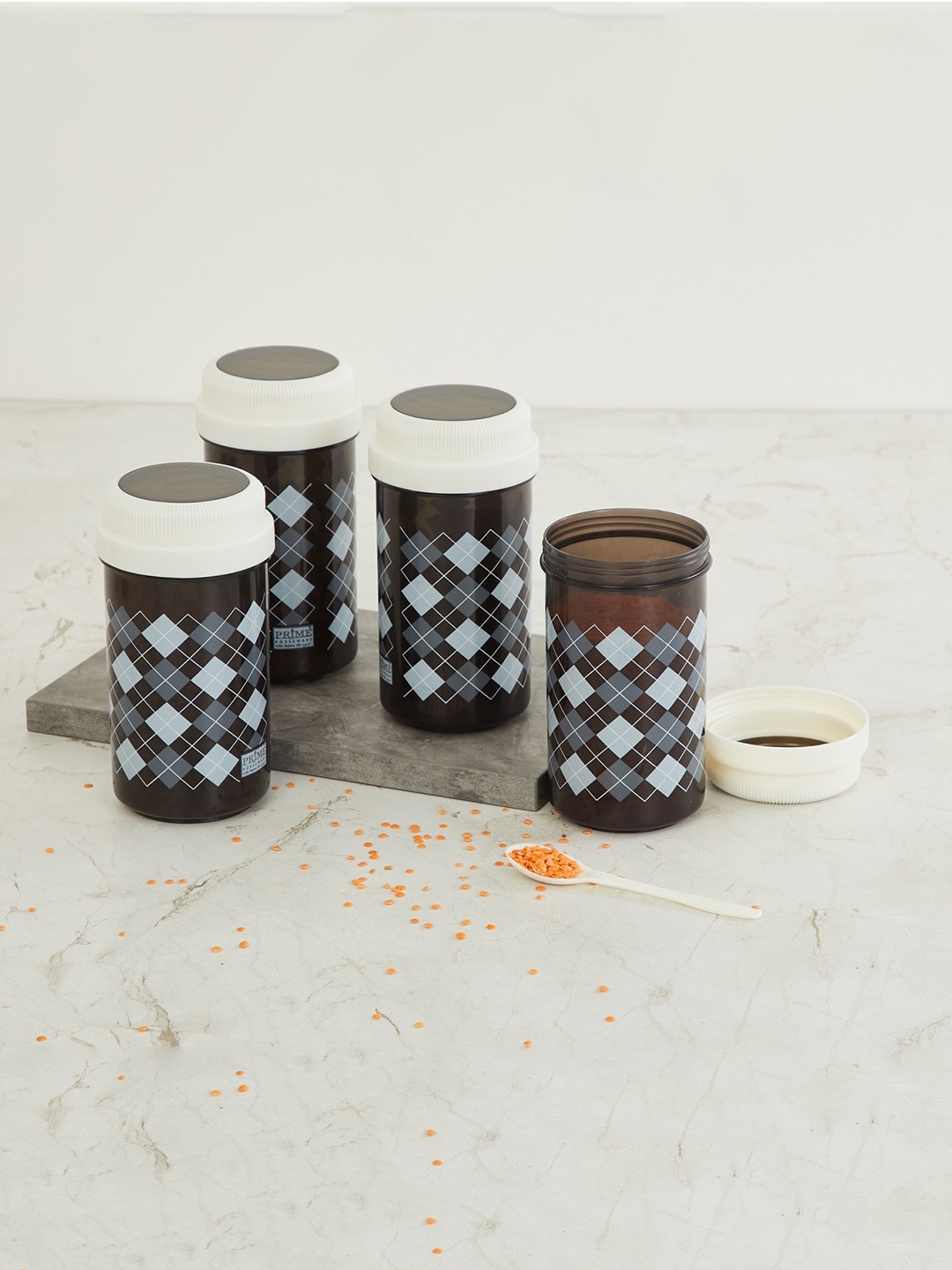 

Home Centre Set Of 4 Black & White Argyle Printed Storage Containers
