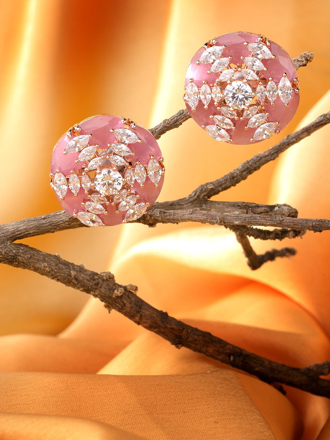 

Saraf RS Jewellery Pink & White Rose Gold-Plated AD Circular Studs Earrings