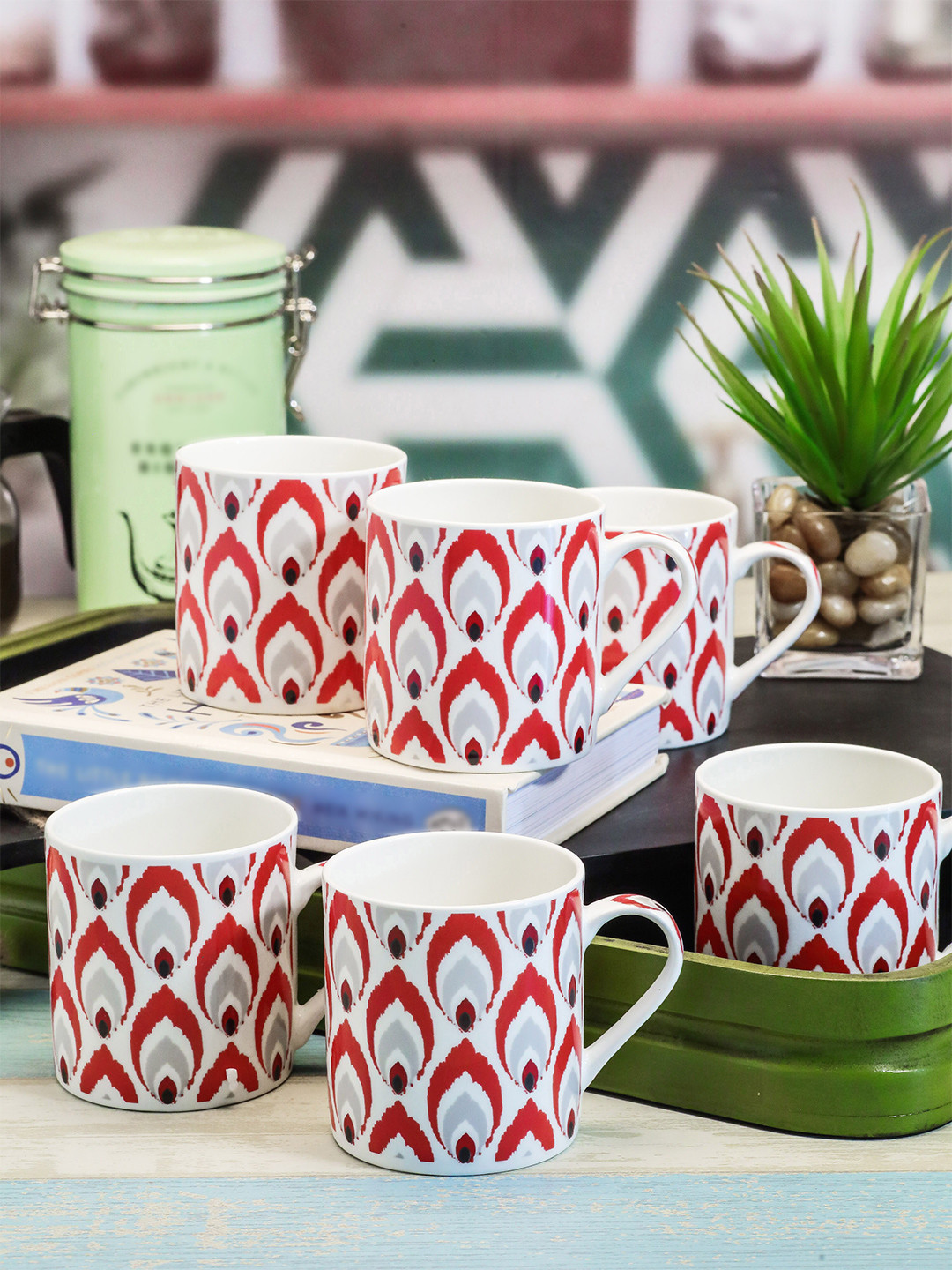 

GOODHOMES White & Red Set Of 6 Printed Bone China Mugs
