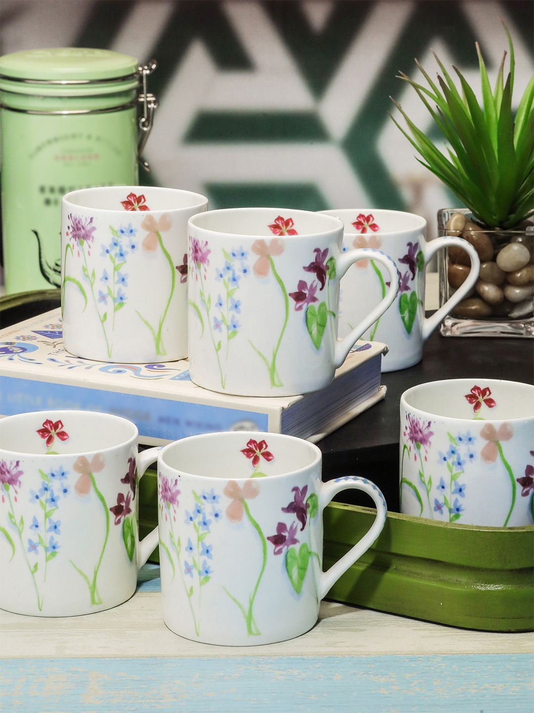 GOODHOMES White & Blue Printed Bone China Mugs Set