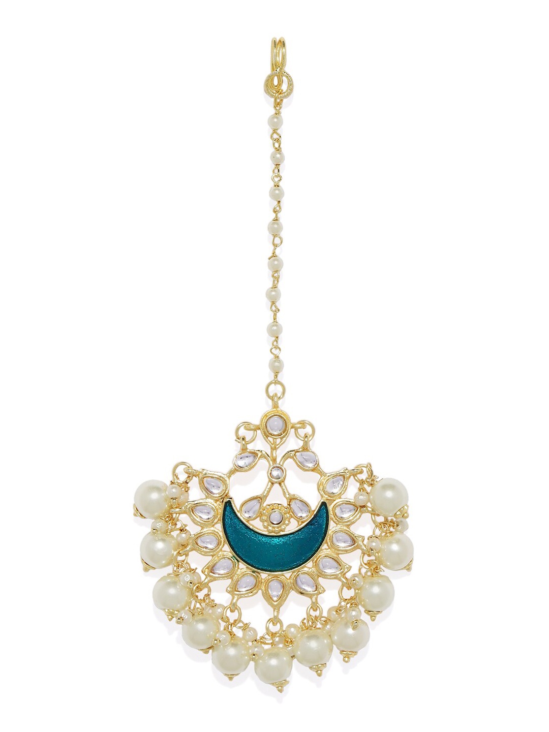 

AccessHer Gold-Plated & Blue Kundan-Studded & Beaded Enamelled Maang Tikka