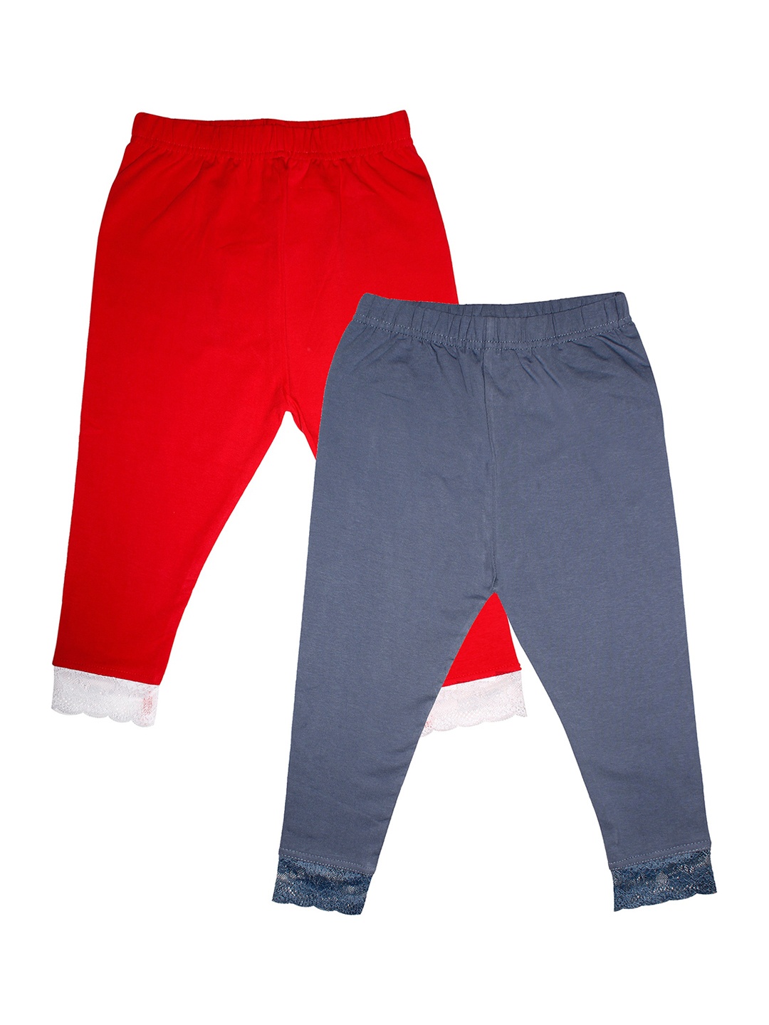 

KiddoPanti Girls Grey & Red Set of 2 Solid Cotton Leggings With Bottom Hem Lace