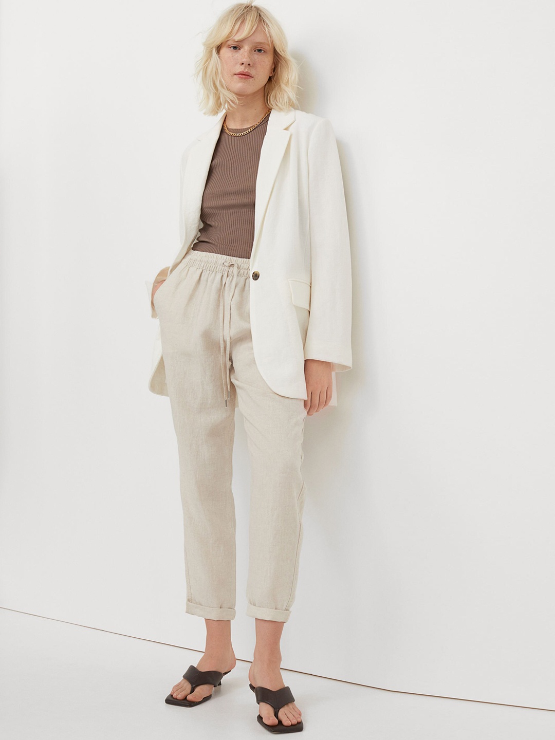 

H&M Women Beige Solid Linen Joggers