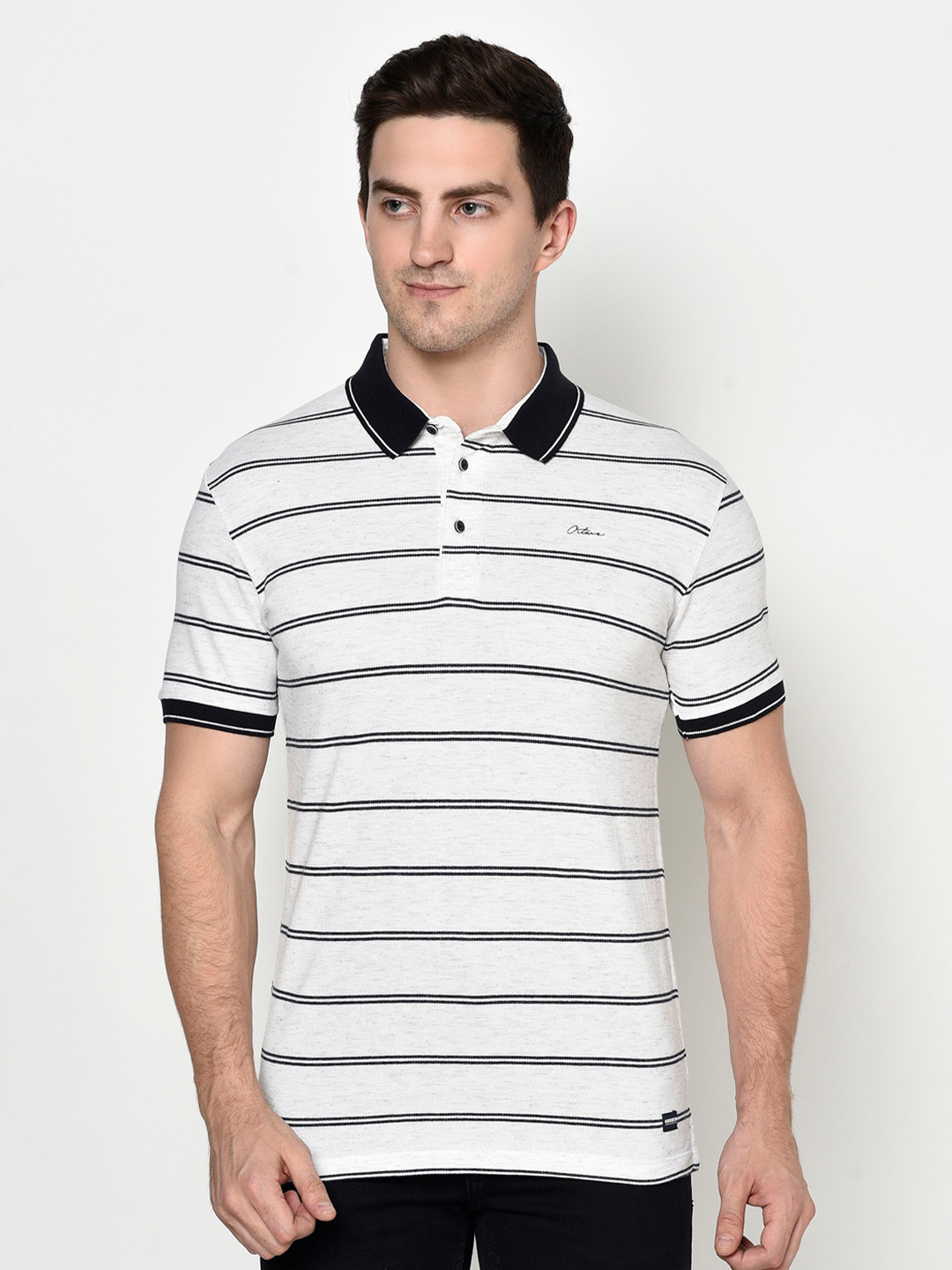 

Octave Men White & Black Striped Polo Collar T-shirt