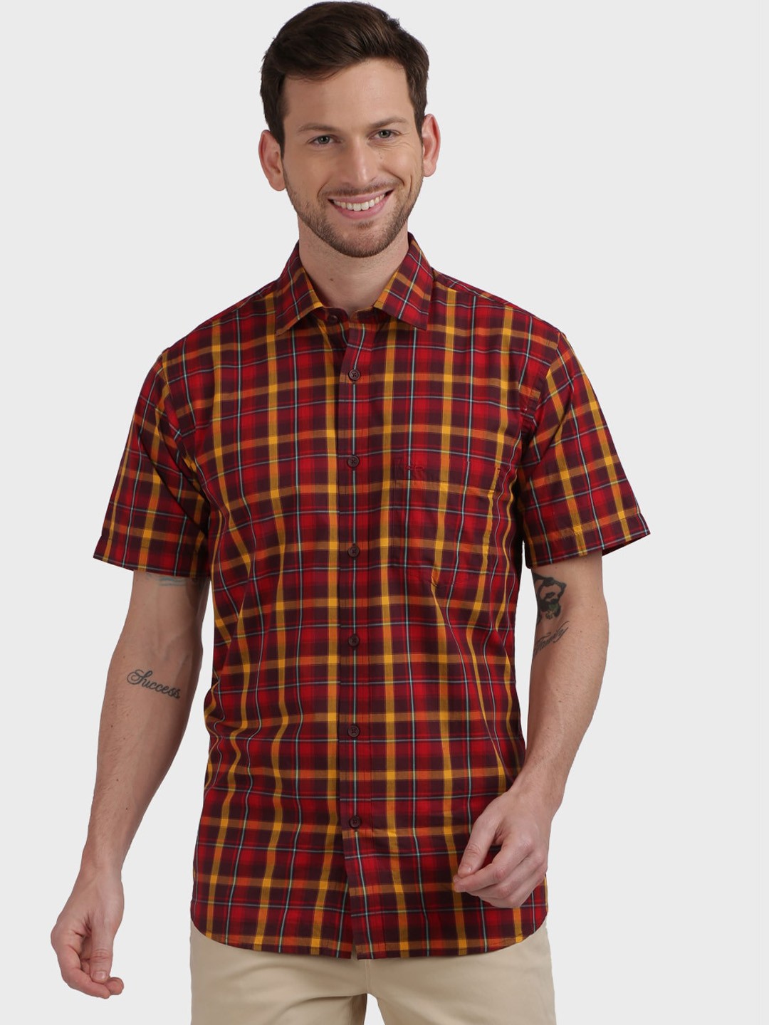 

ColorPlus Men Red & Yellow Tailored Fit Checked Casual Shirt