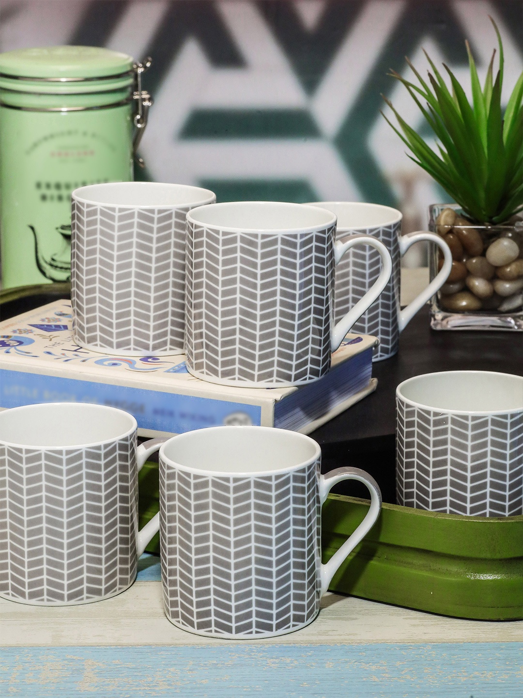 

GOODHOMES Brown & White Set Of 6 Printed Bone China Mugs
