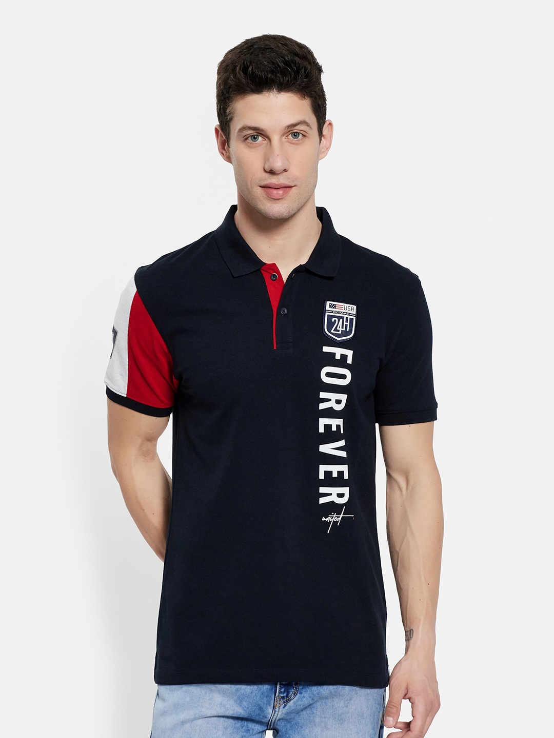 

Octave Men vy Blue Typography Mandarin Collar Applique T-shirt, Navy blue