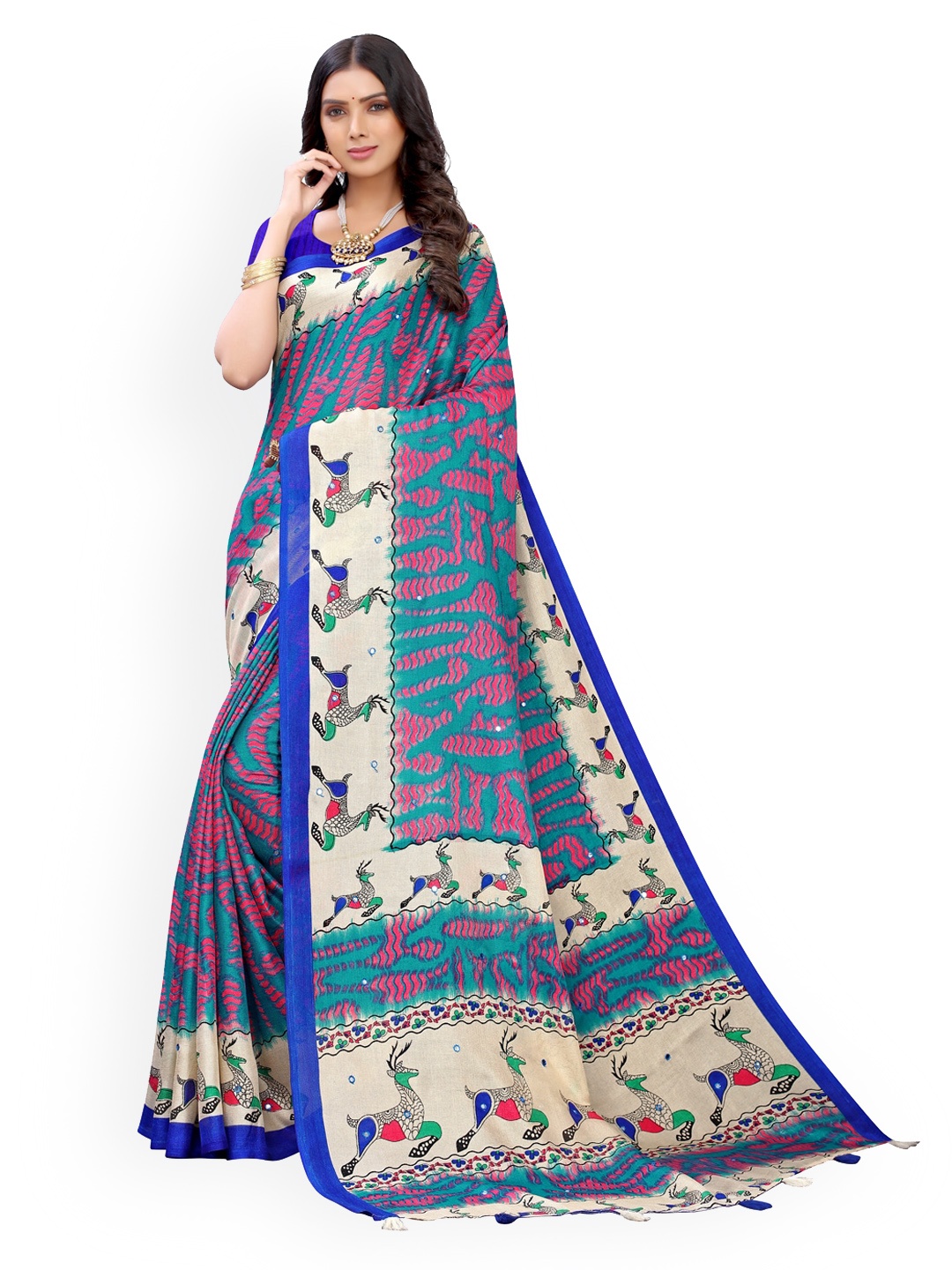 

KALINI Blue Printed Mirror Work Jute Cotton Saree