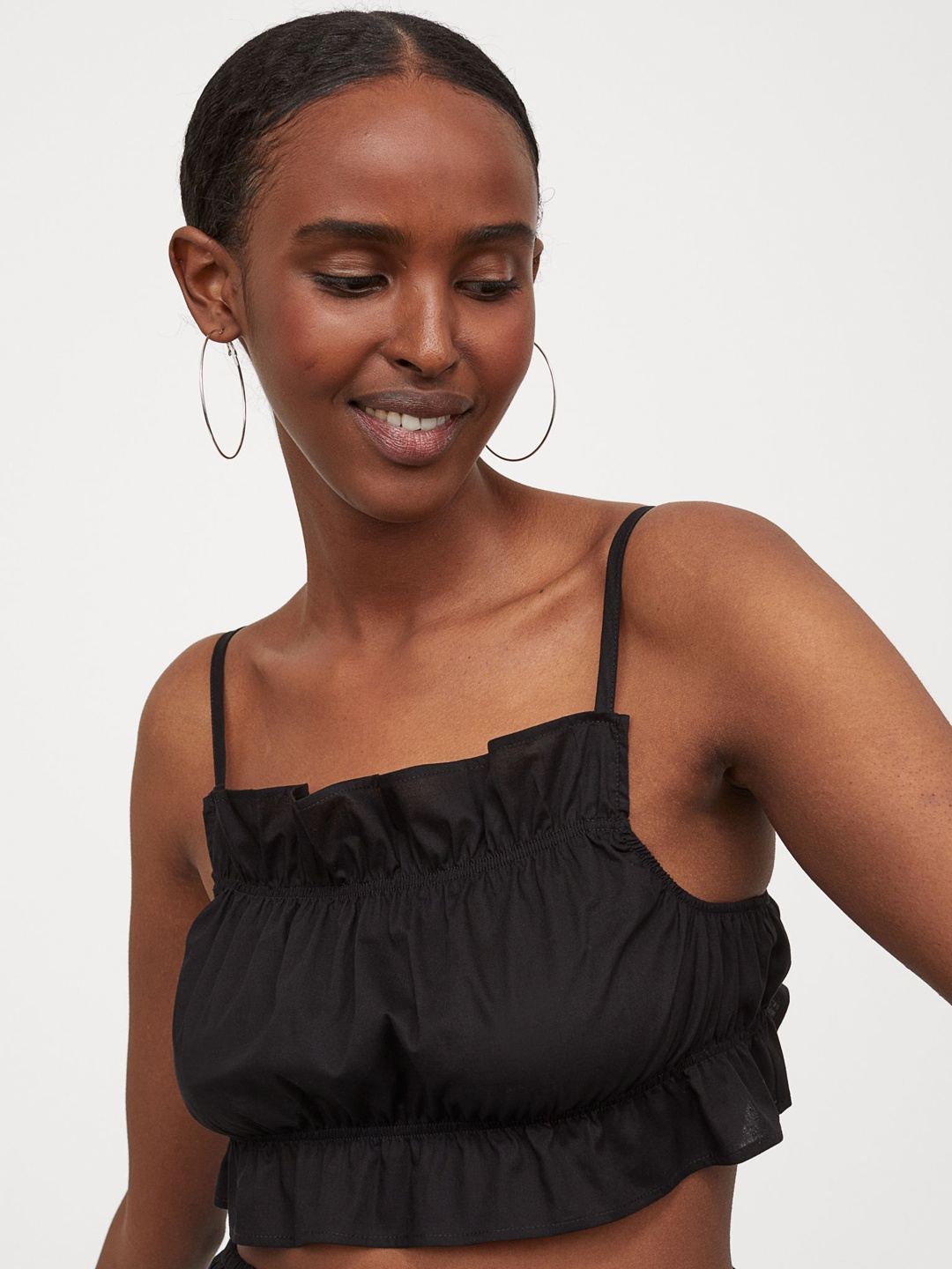 

H&M Women Black Flounce-Trimmed Crop Top