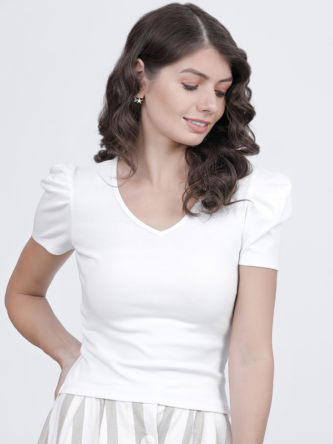 

Tokyo Talkies Women White V-Neck Puff Sleeves T-shirt