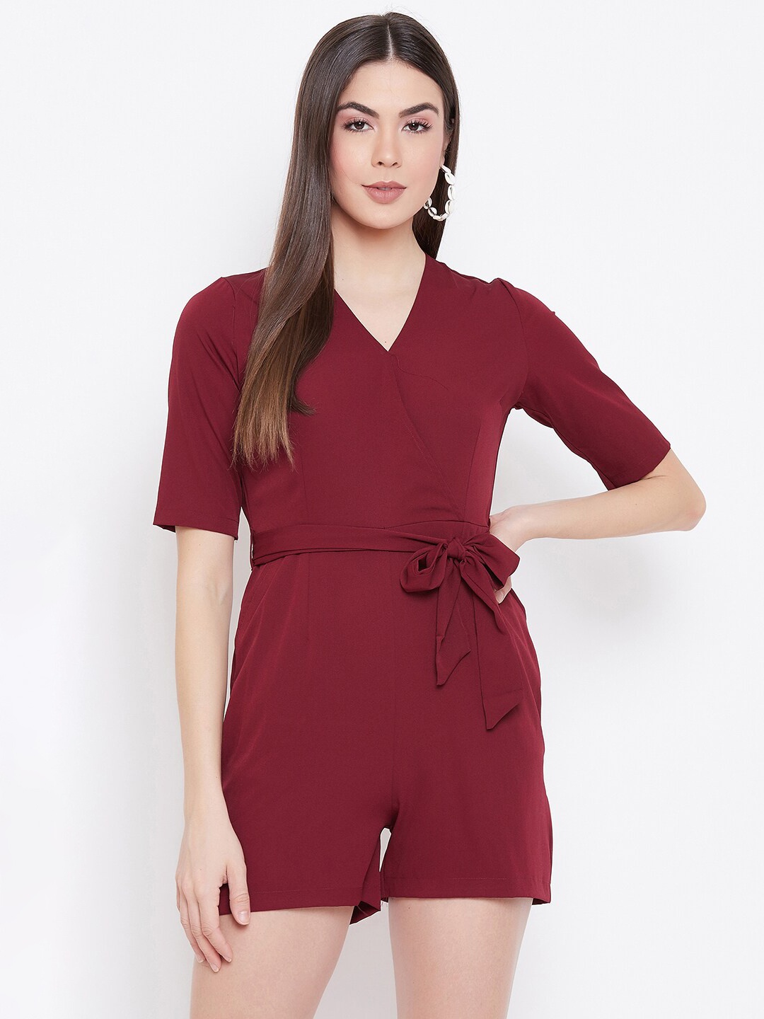 

Uptownie Lite Women Maroon Crepe Solid Playsuit