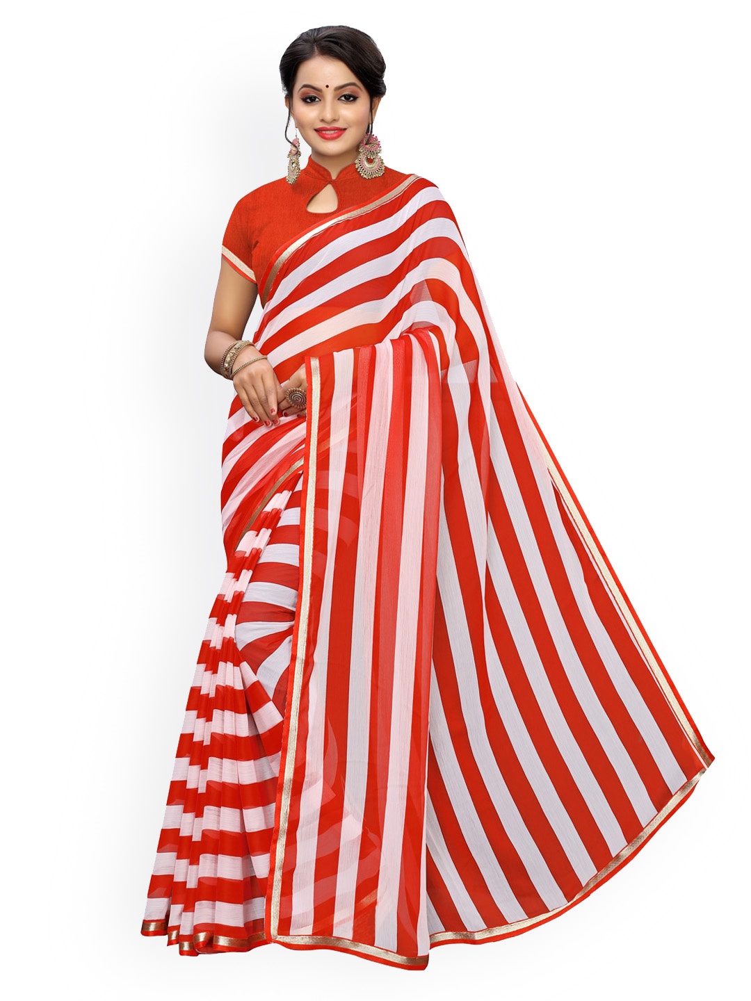 

KALINI Red & White Striped Patchwork Saree