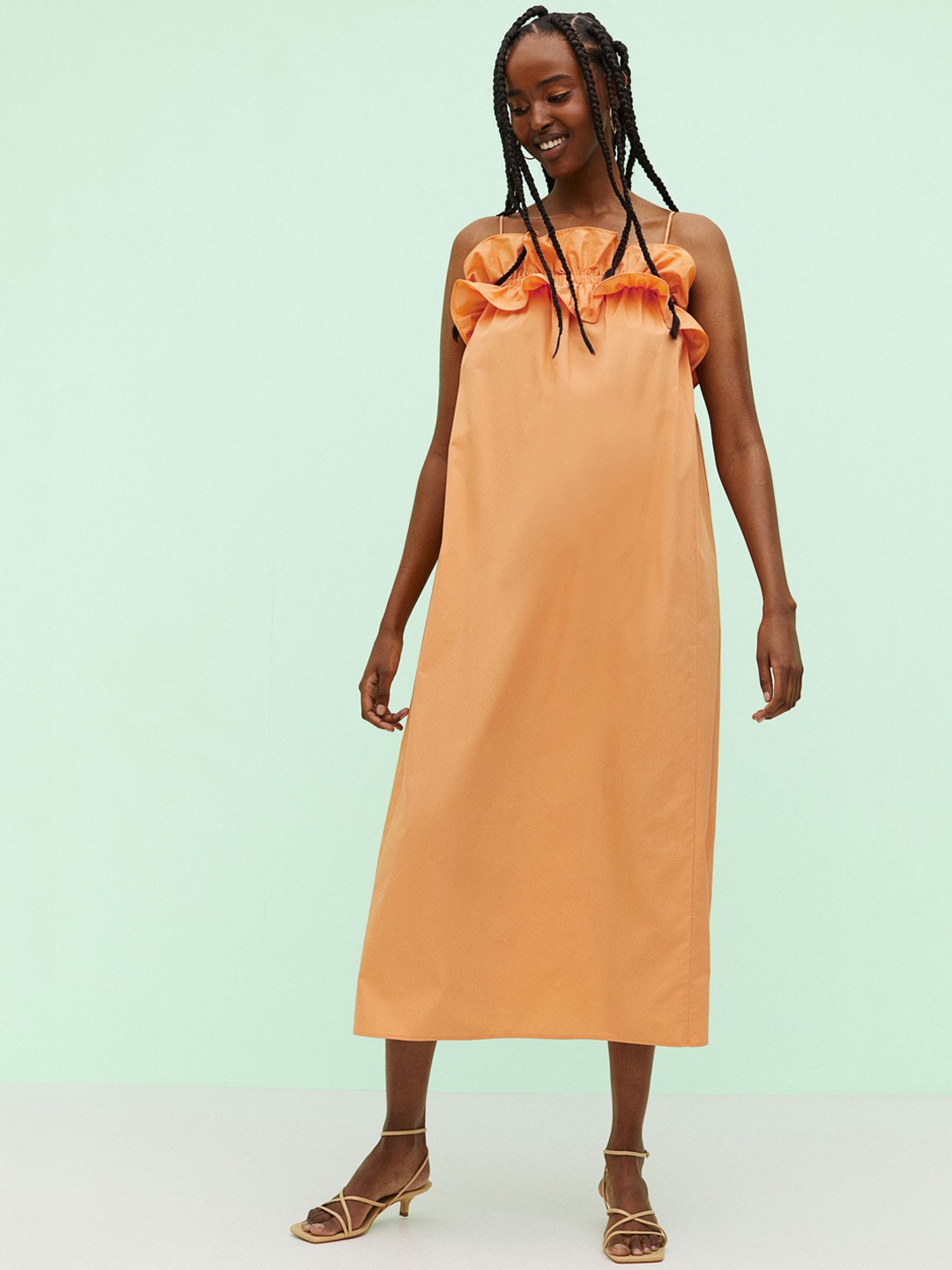 

H&M Orange Solid Flounce-Trimmed Dress