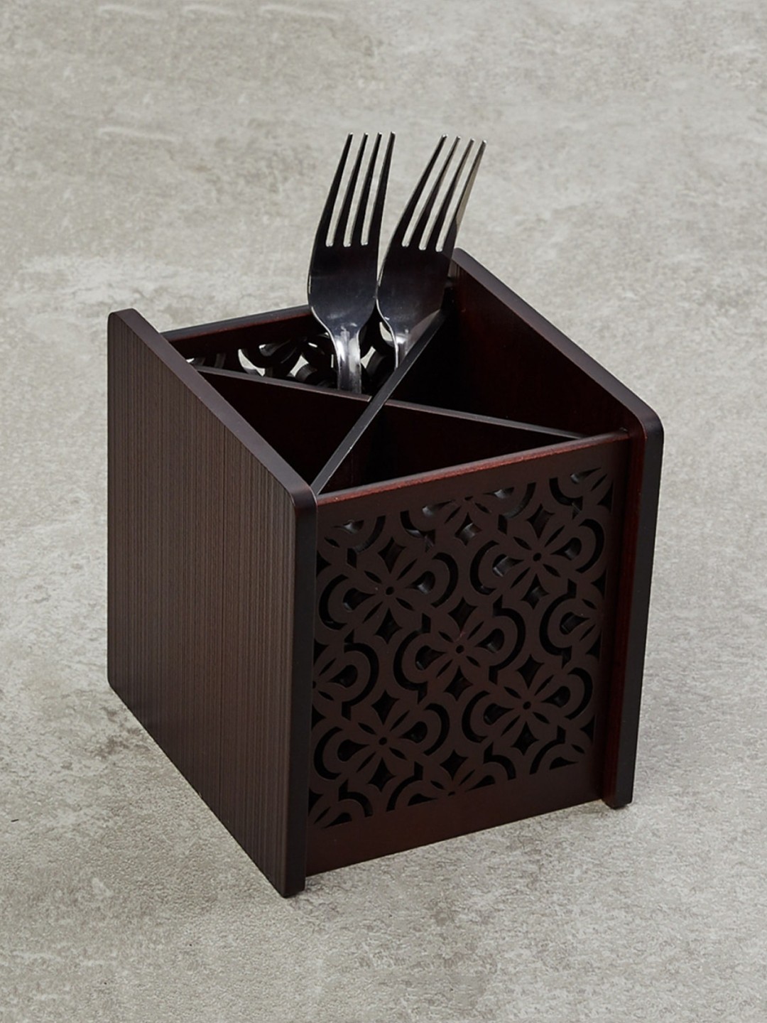 

Home Centre Brown Solid Moksha Laser-Cut Wooden Cutlery Holder