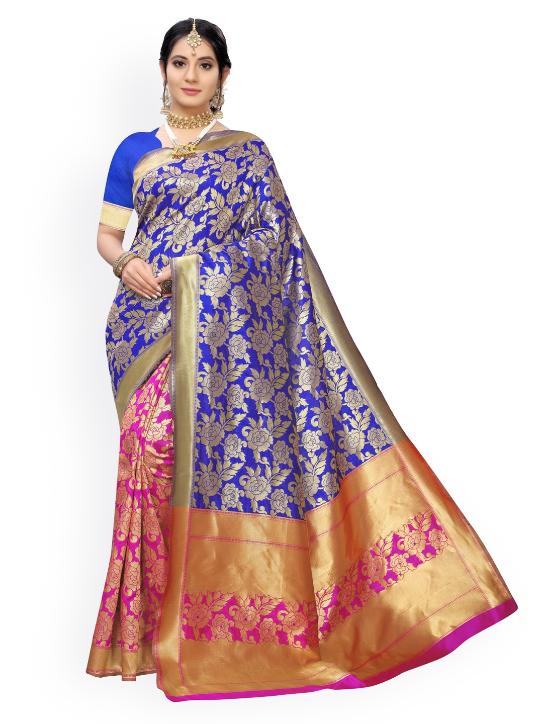 

KALINI Blue & Pink Floral Poly Silk Jacquard Banarasi Saree
