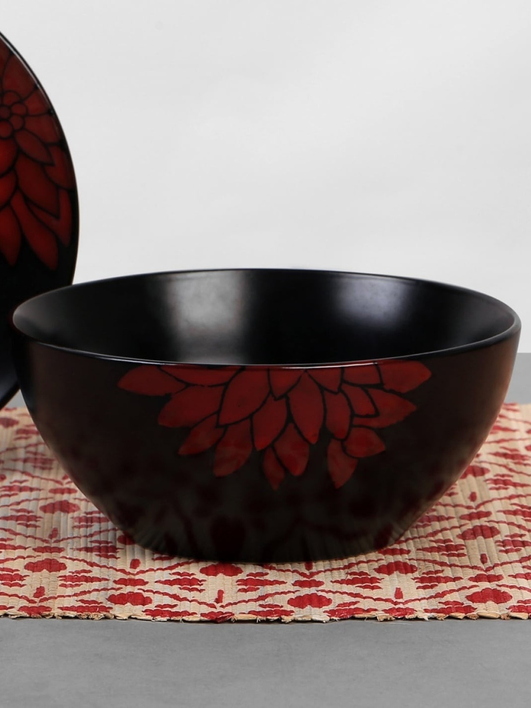 

Home Centre Black & Red Dahlia Print Serving Bowl