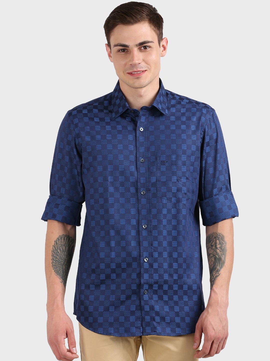 

ColorPlus Men Navy Blue Tailored Fit Self Checked Casual Shirt