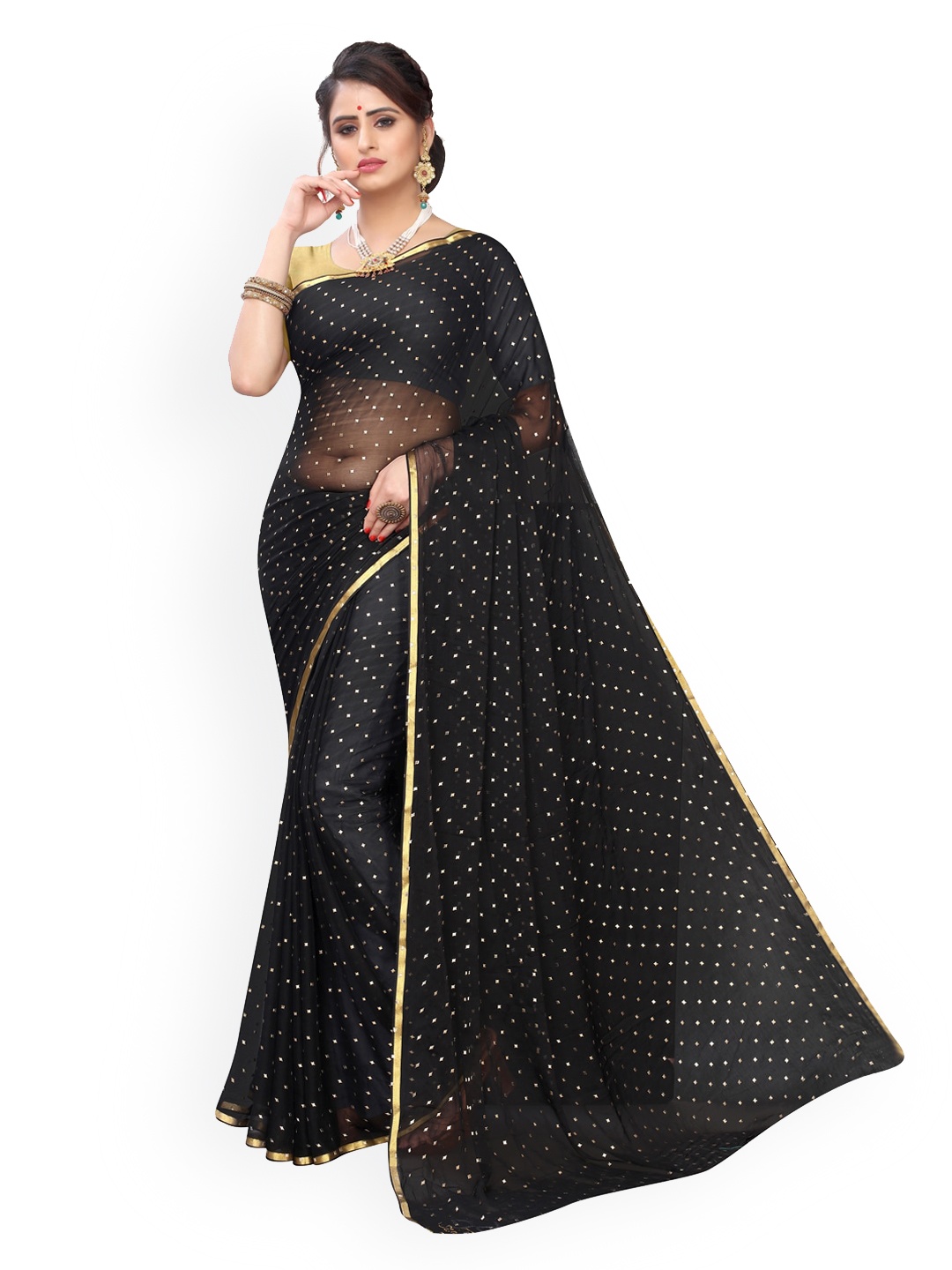 

KALINI Black Foil Printed Poly Chiffon Saree