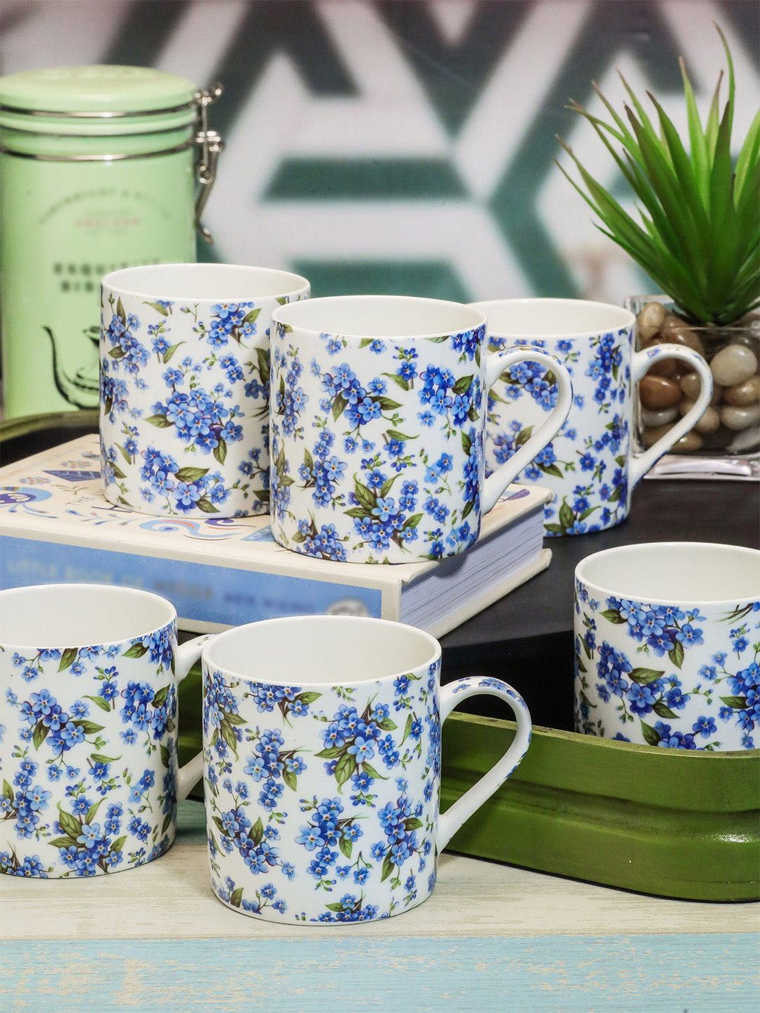

GOODHOMES Set of 6 White Printed Bone China Mugs