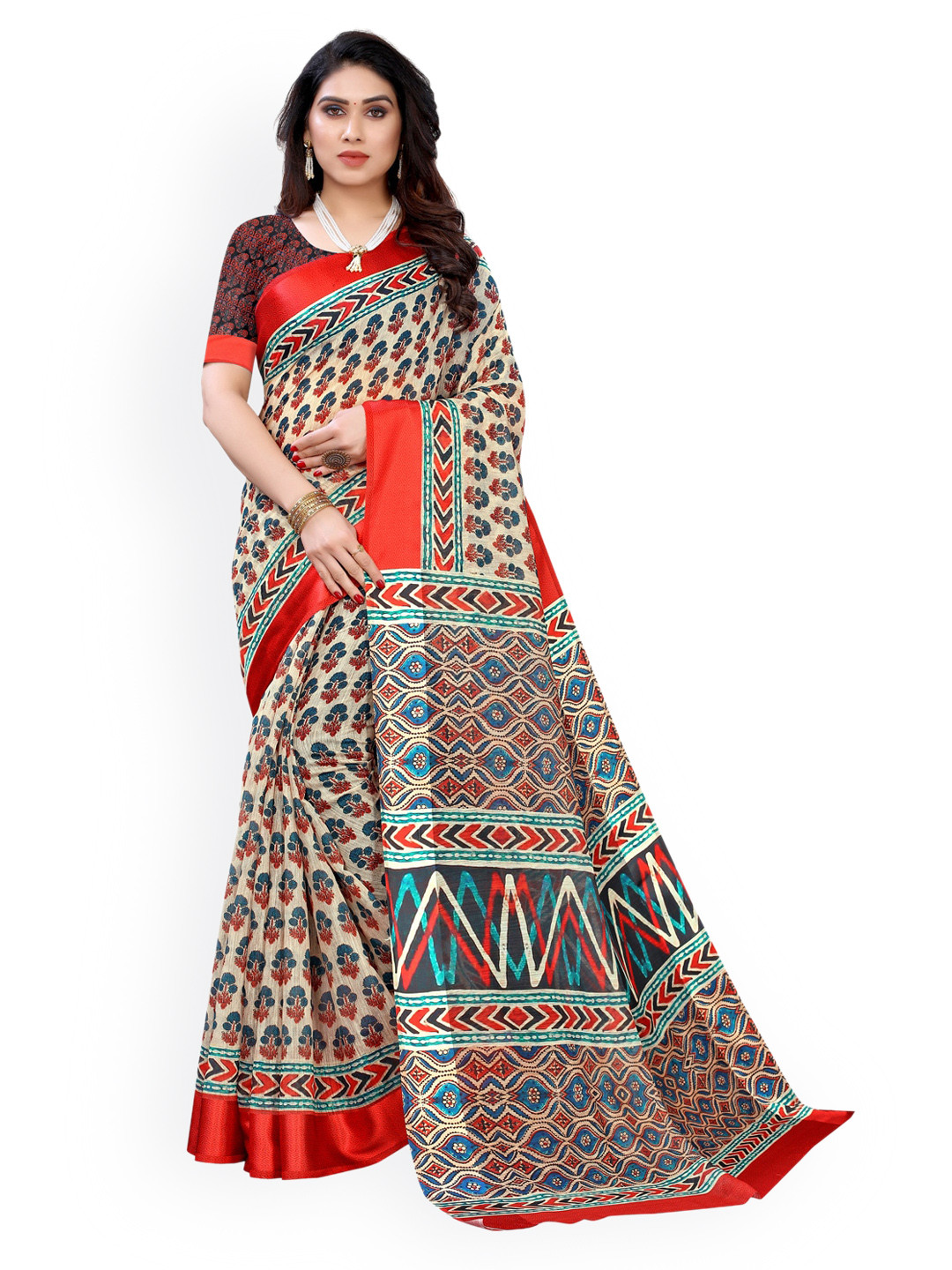 

KALINI Cream & Red Poly Cotton Digital Printed Saree