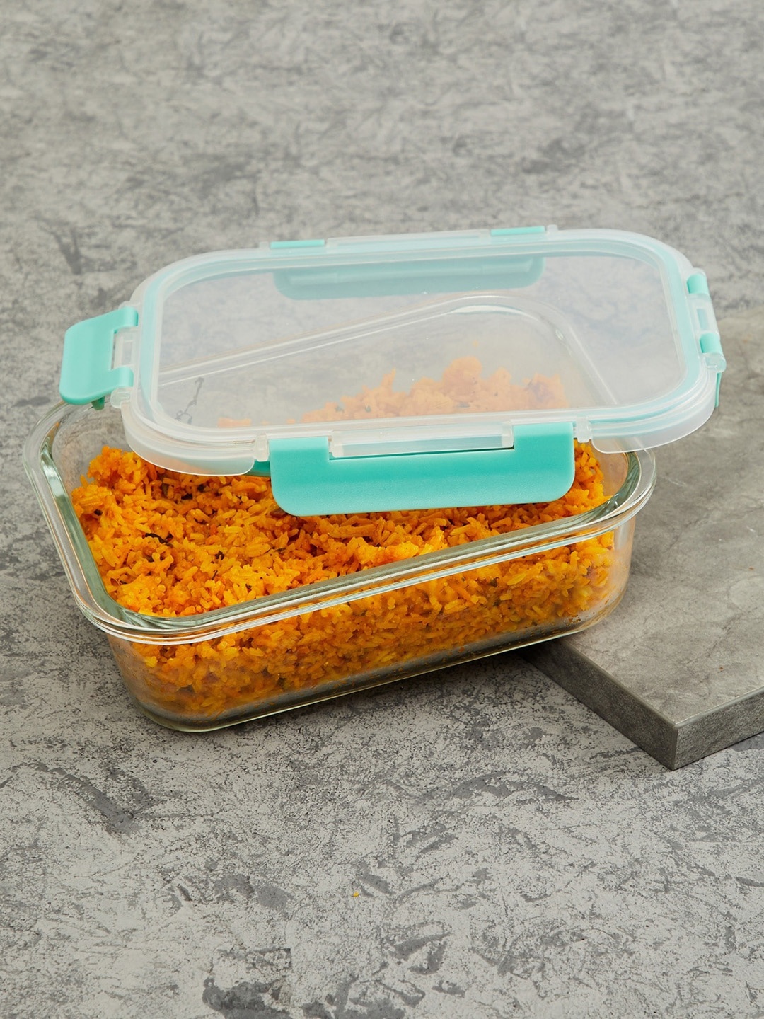 

Home Centre Transparent & Blue Food Storage Container With Removable Lid 1 L