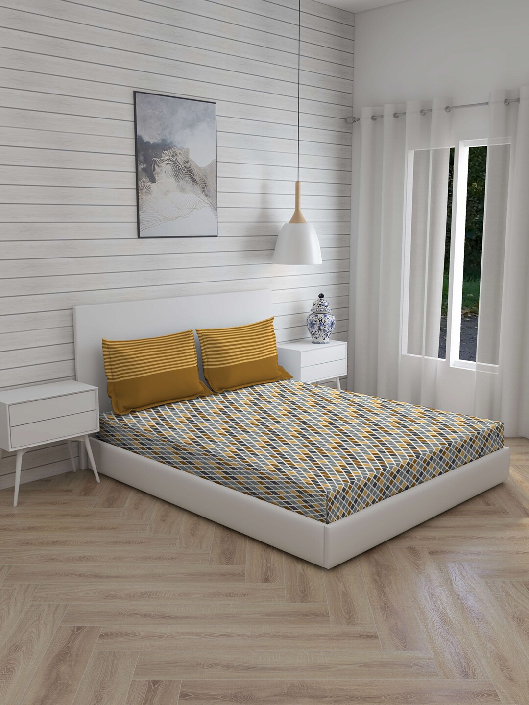

Layers White & Grey Geometric 104 TC Cotton 1 Queen Bedsheet with 2 Pillow Covers