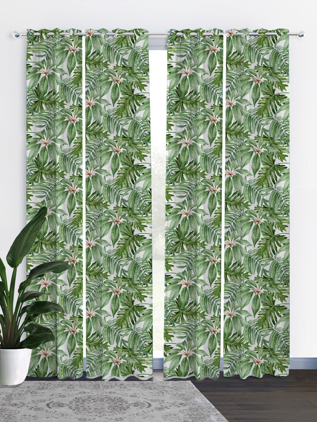 

HOUZZCODE Green & White Set of 4 Black Out Long Door Curtains