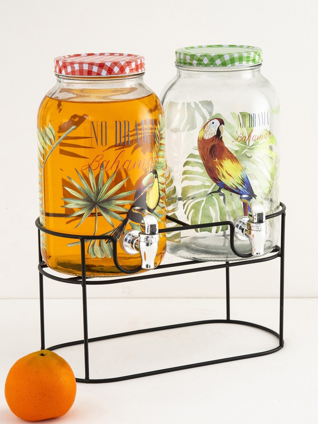 Home Centre Set Of 2 Tropical Printed Glass Dispenser With Metal Stand, Transparent