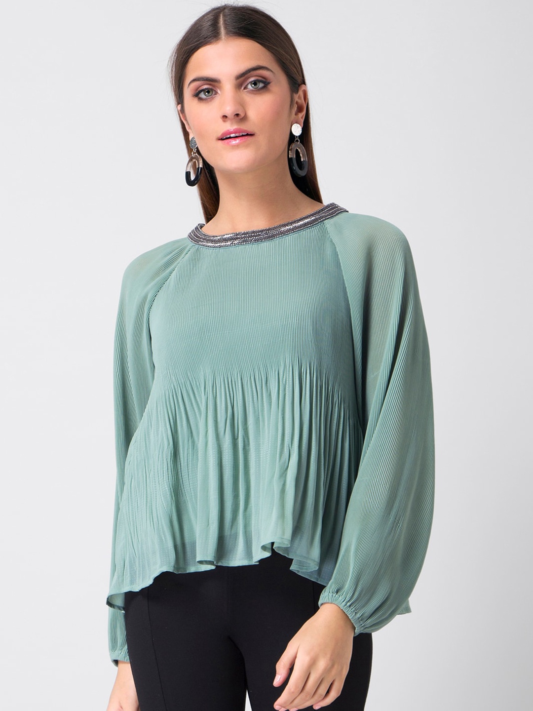 

FabAlley Green Embellished Puff Sleeve Georgette A-Line Top