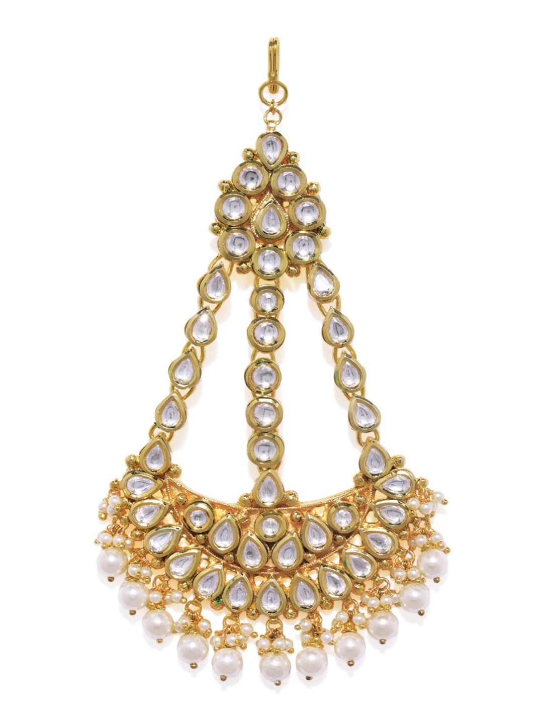 

AccessHer Gold-Plated & White Pacchi Kundan-Studded Beaded Handcrafted Jhumar Passa