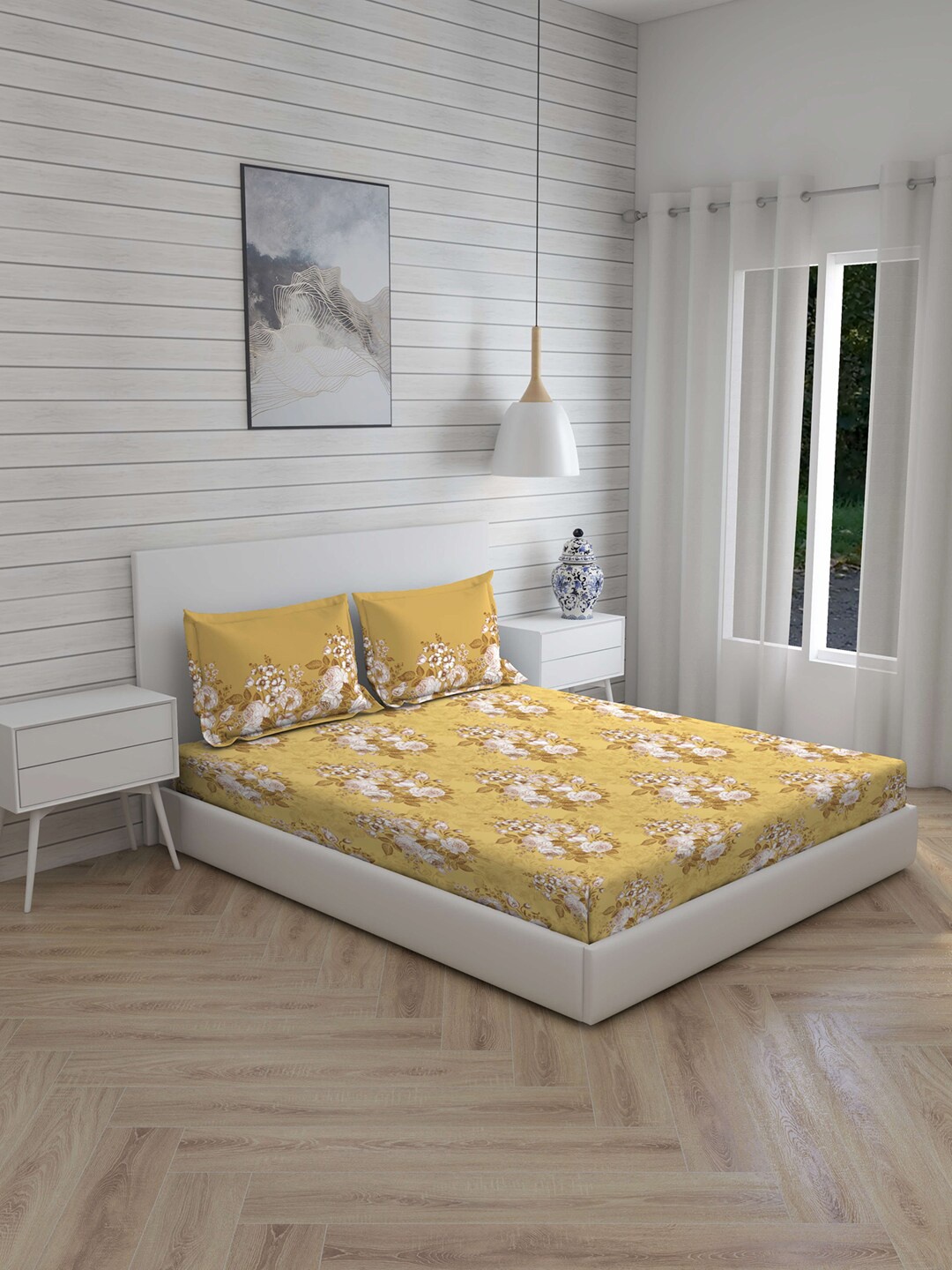 Layers Yellow & White Floral 104 TC Cotton 1 Queen Bedsheet with 2 Pillow Covers