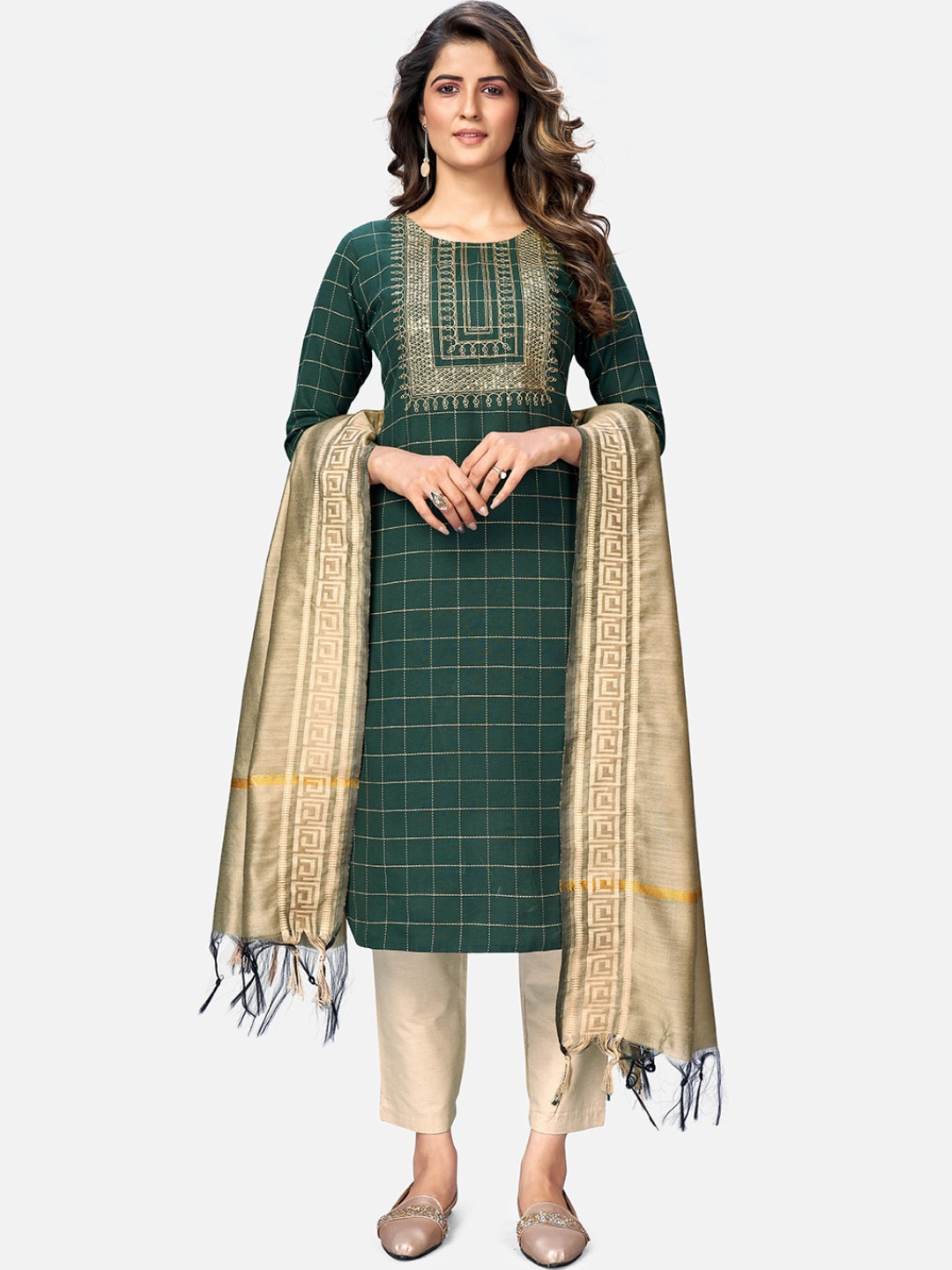 

Vbuyz Women Green & Beige Pure Cotton Kurta with Trousers & Dupatta