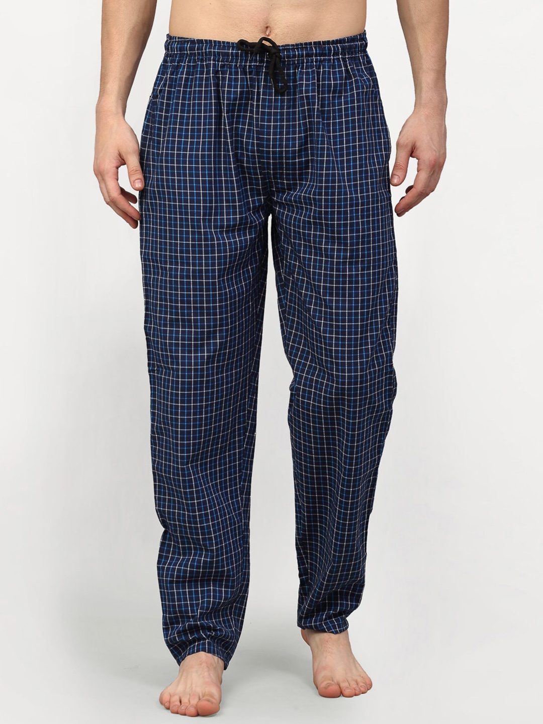 

JAINISH Men Navy Blue & White Checked Pure Cotton Lounge Pants