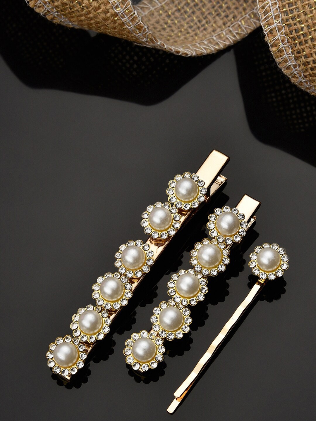

ToniQ Women Gold & White Set of 3 Embellished Alligator Hair Clip