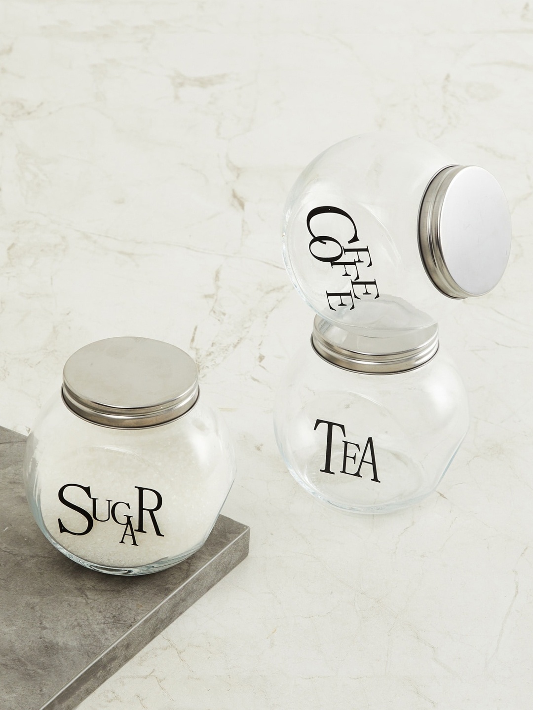 

Home Centre Set Of 3 Transparent & Black Typography Printed Glass Jars