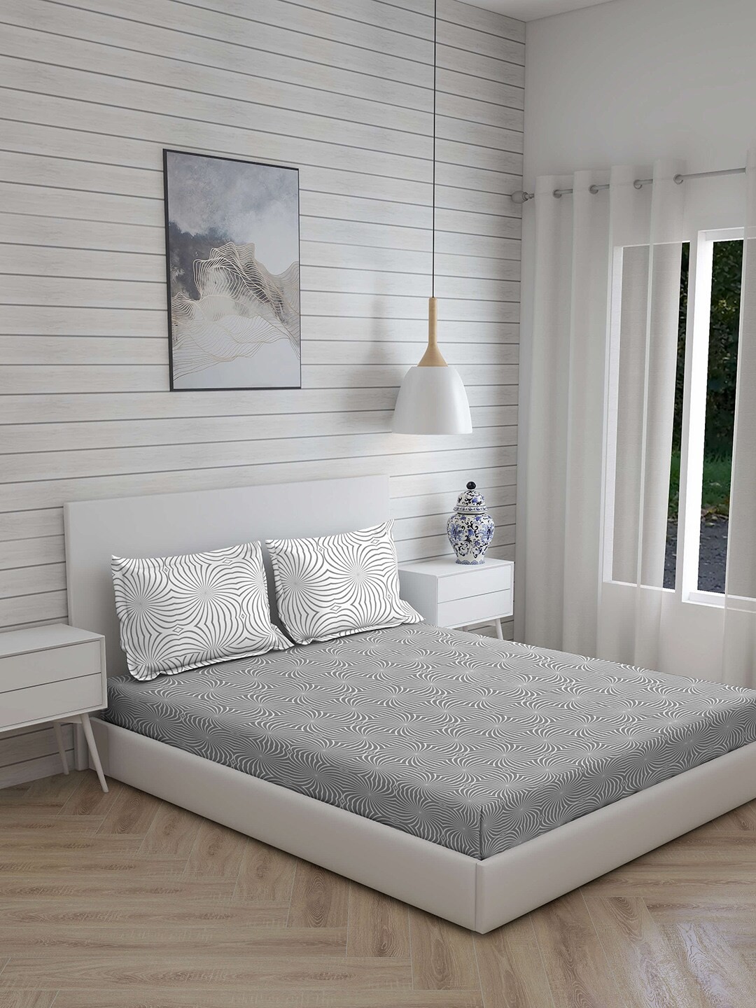 

Layers Grey & White Geometric 104 TC Cotton 1 Queen Bedsheet with 2 Pillow Covers