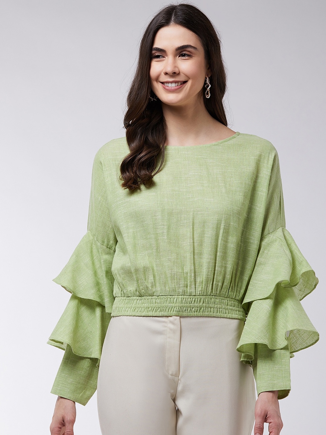 

Zima Leto Green Bell Sleeve Pure Cotton Blouson Top