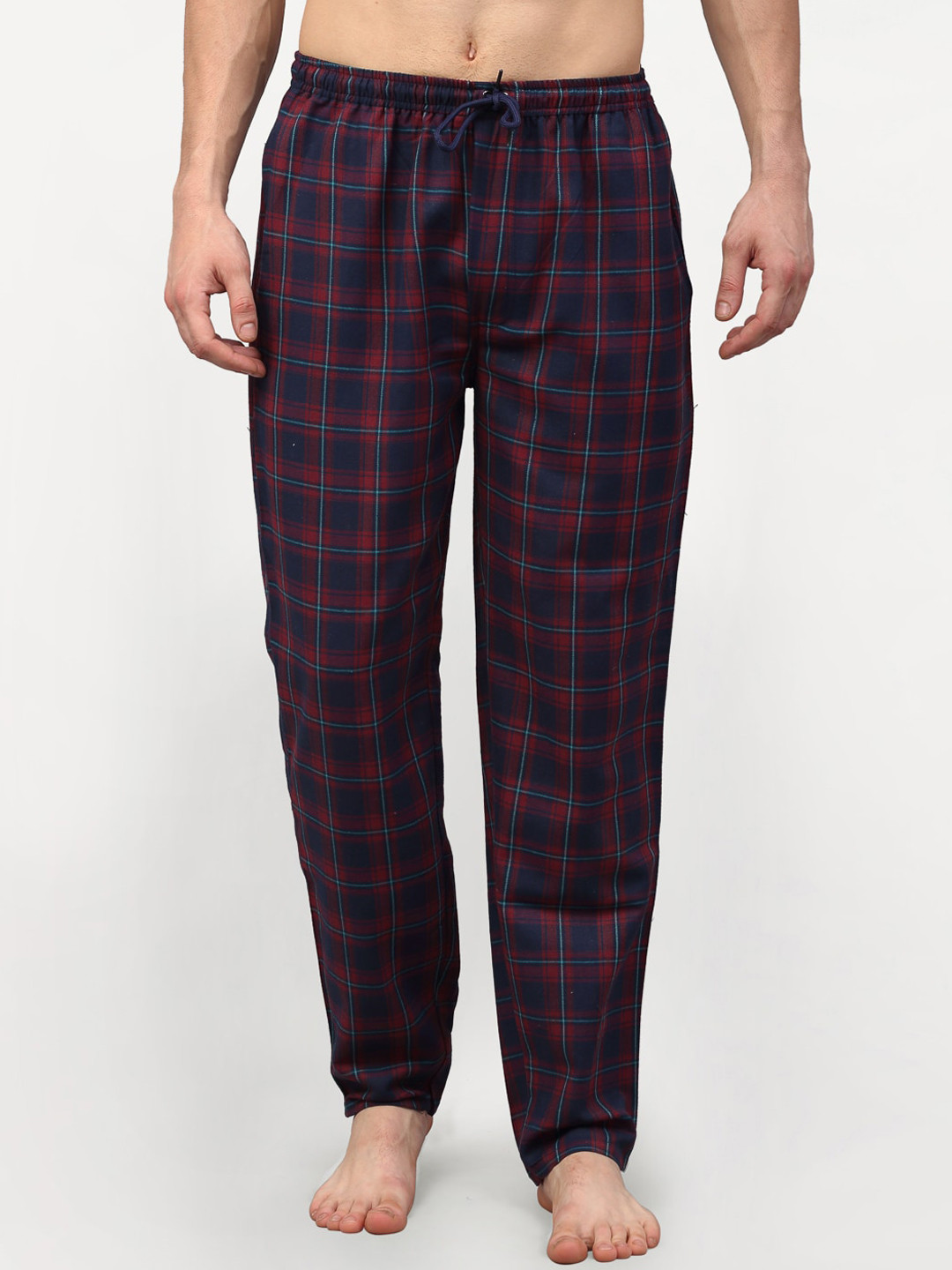 

JAINISH Men Navy Blue & Red Checked Pure Cotton Lounge Pants