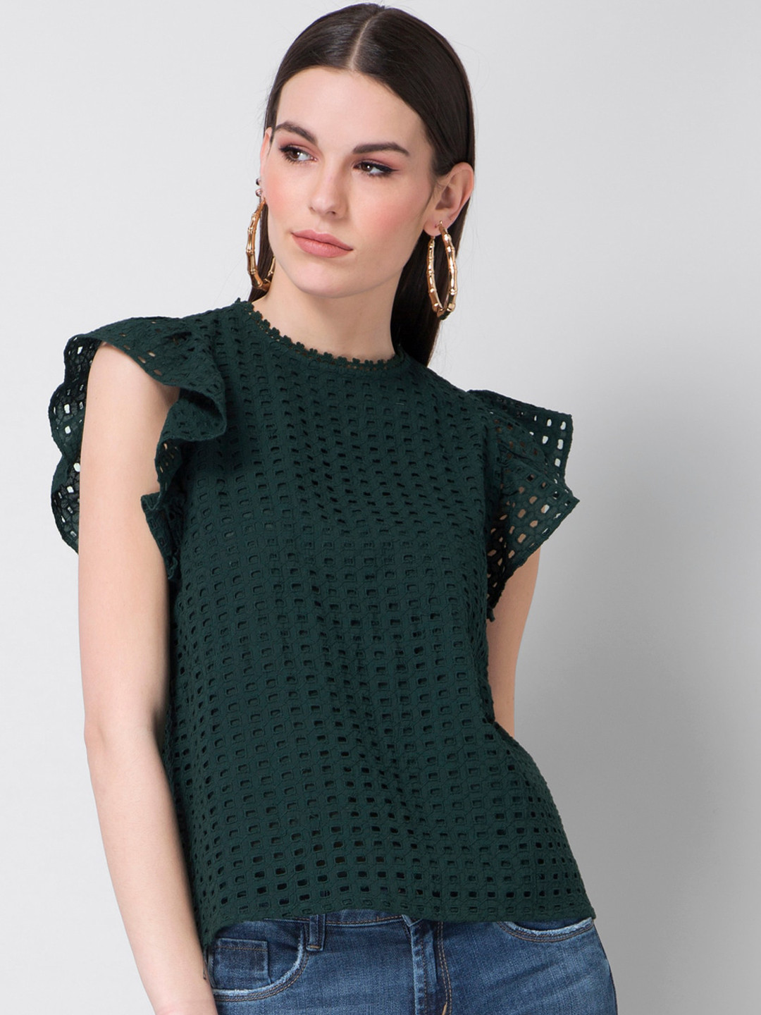 

FabAlley Green Geometric Flutter Sleeve Regular Top
