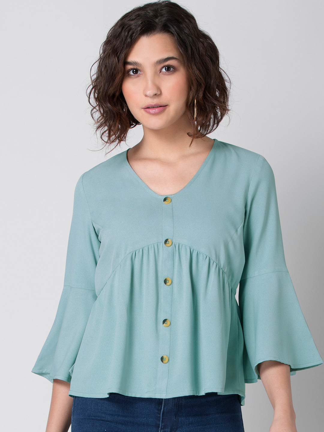 

FabAlley Green Bell Sleeve Crepe A-Line Top