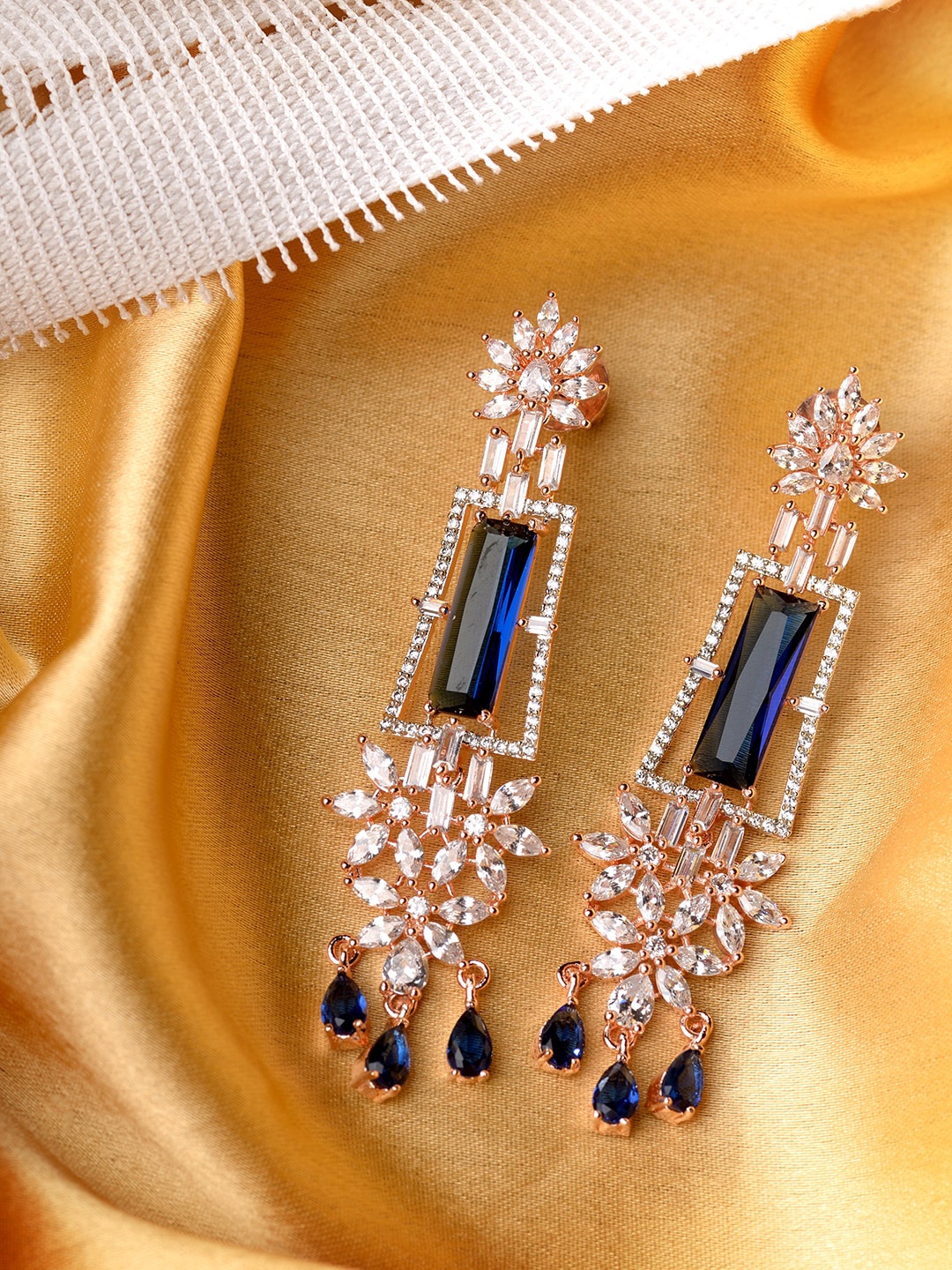 Saraf RS Jewellery Blue & Rose Gold-Plated Geometric Drop Earrings