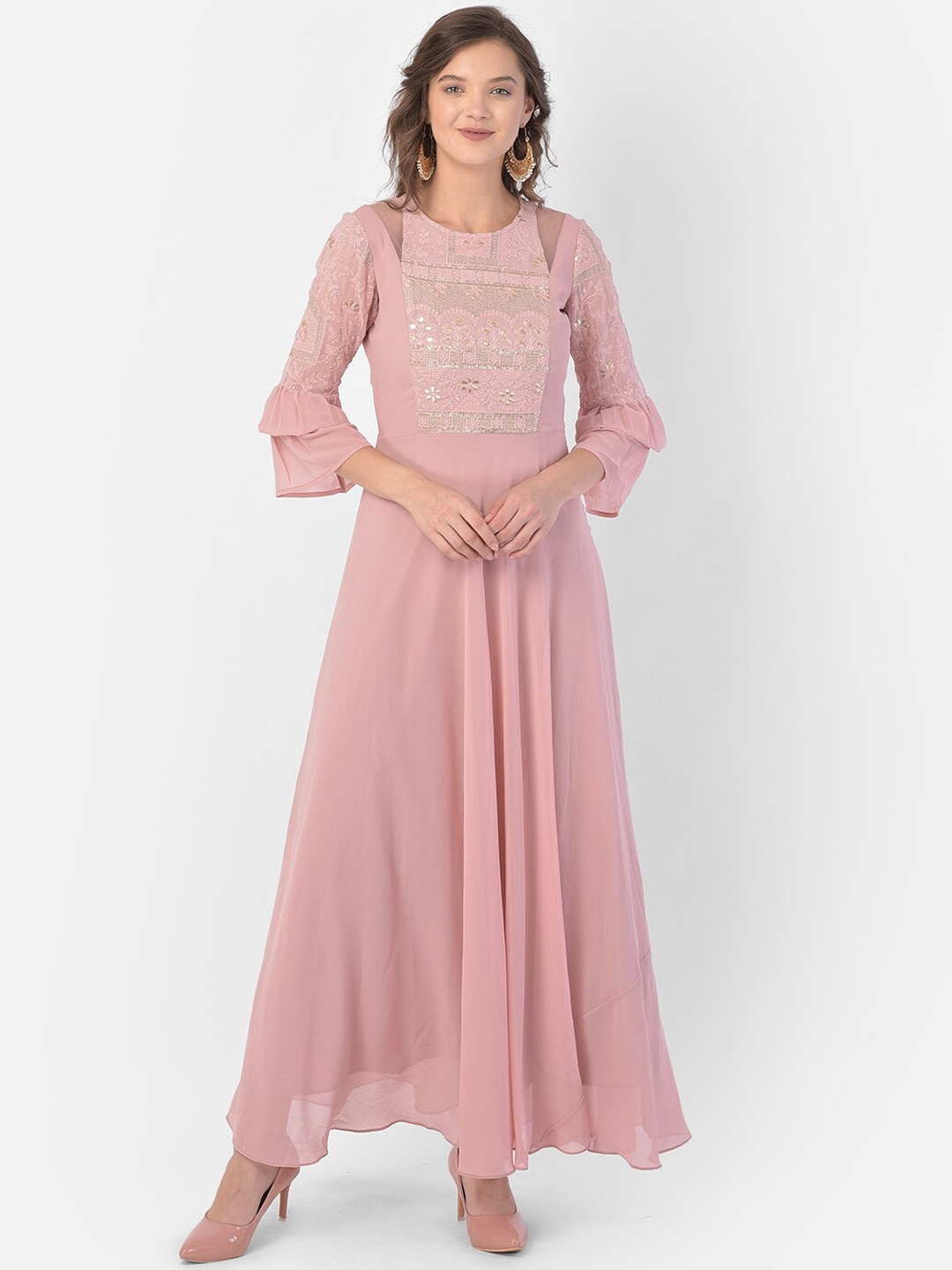 

Ojjasvi Women Pink Georgette Embroidered Flared Maxi Dress