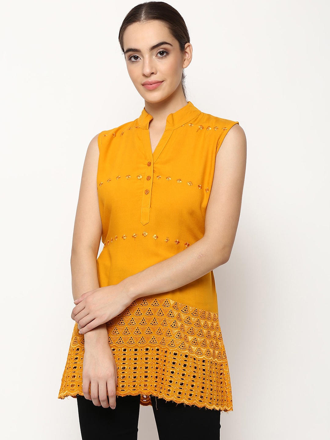 

V2 Value & Variety Mustard Mandarin Collar A-Line Longline Top