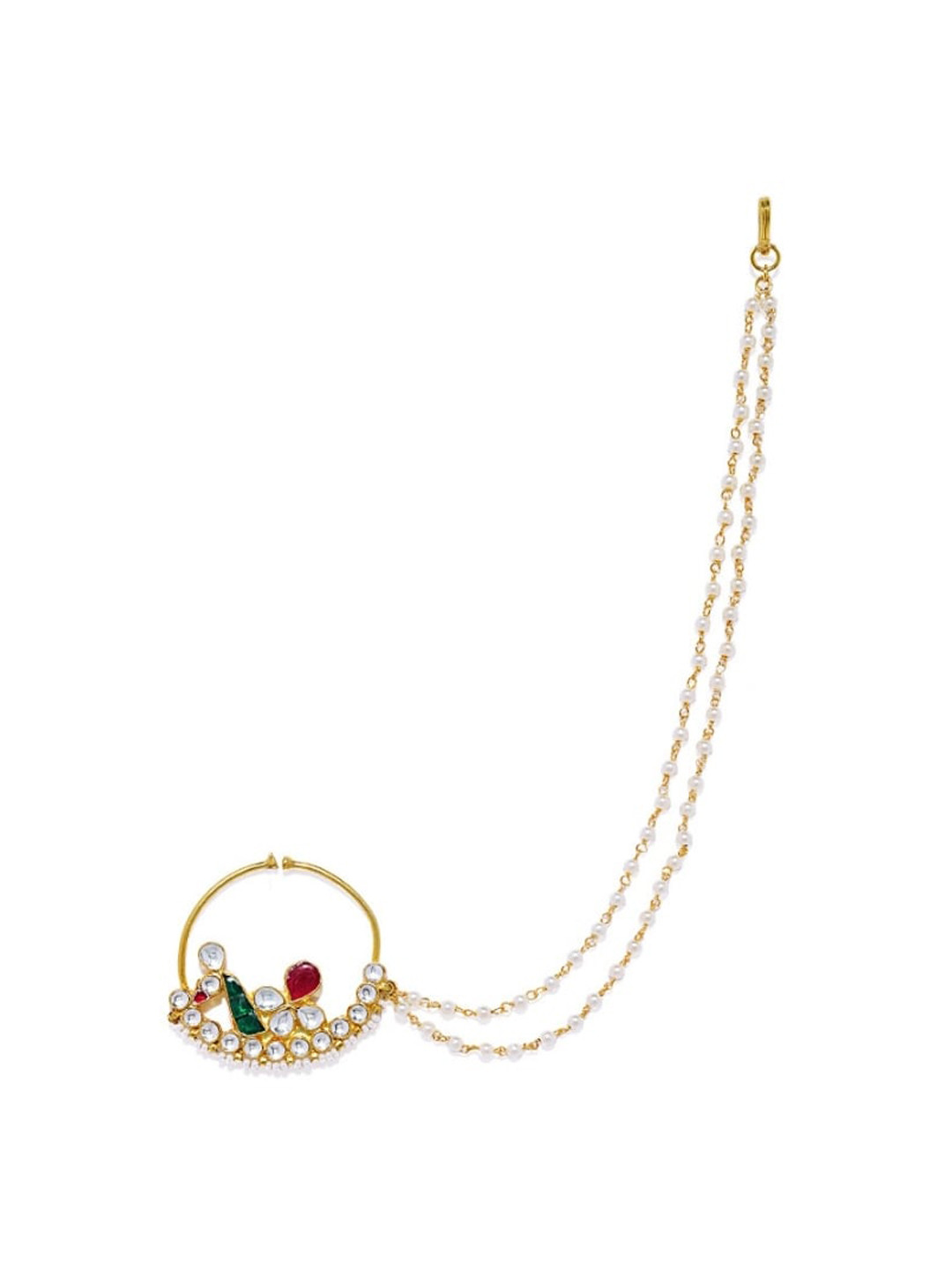 

AccessHer Gold-Plated, White & Green Kundan-Studded & Beaded Nose Ring