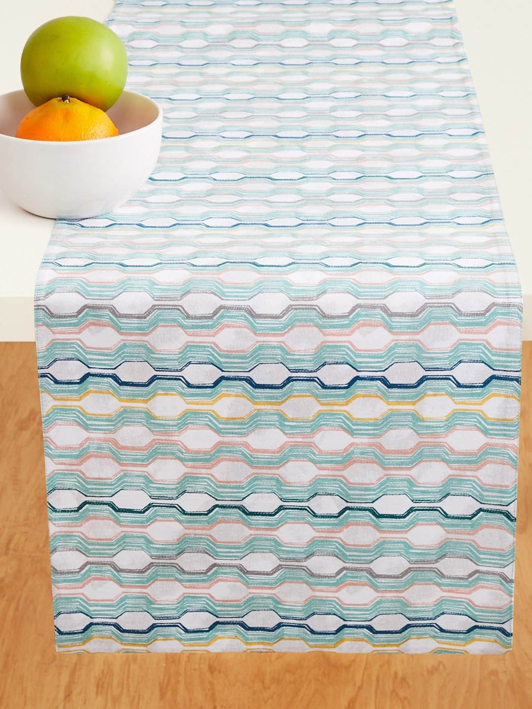 

Home Centre White & Teal Blue Geometric Printed Meadows Reversible Pure Cotton Table Runner