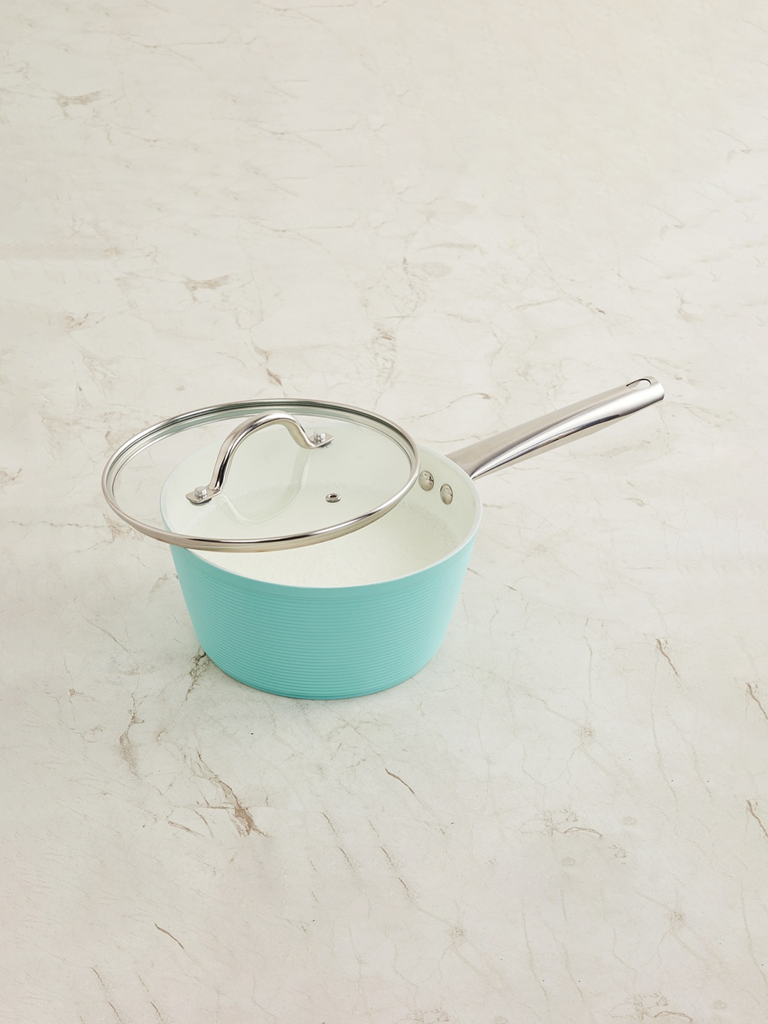 Home Centre Teal Blue & Silver-Toned Milk Pan With Glass Lid