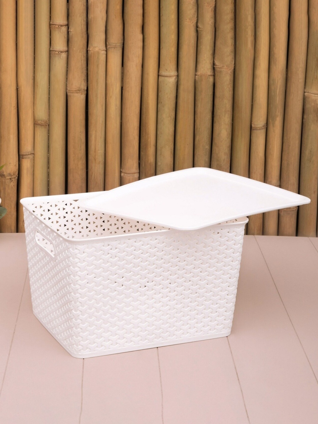 

Home centre White Textured Rectangular Storage Basket With Lid - 19L
