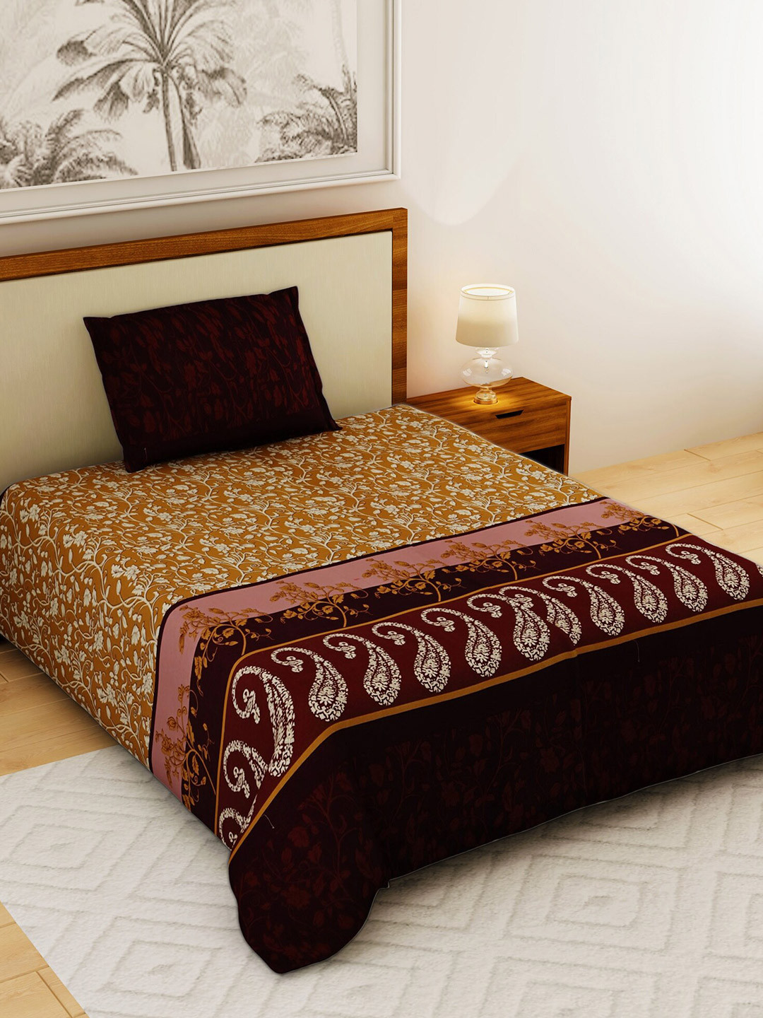 

Salona Bichona Gold-Toned & Brown Ethnic Motifs 120 TC Cotton 1 Single Bedsheet with 1 Pillow Covers