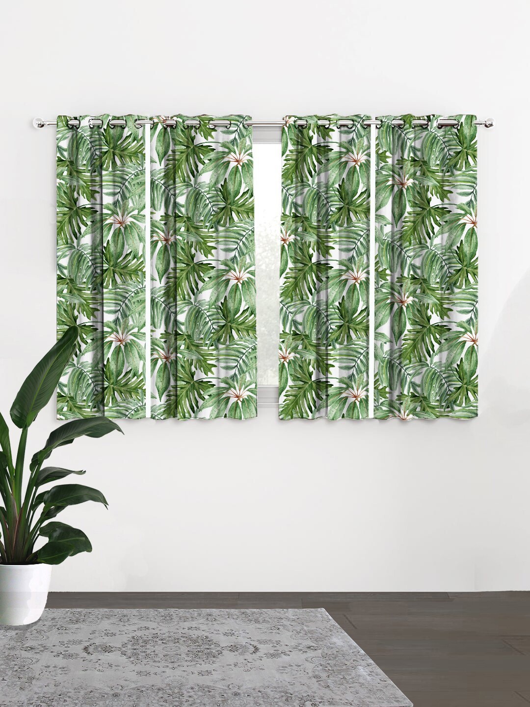 

HOUZZCODE Green & White Set of 4 Black Out Window Curtains